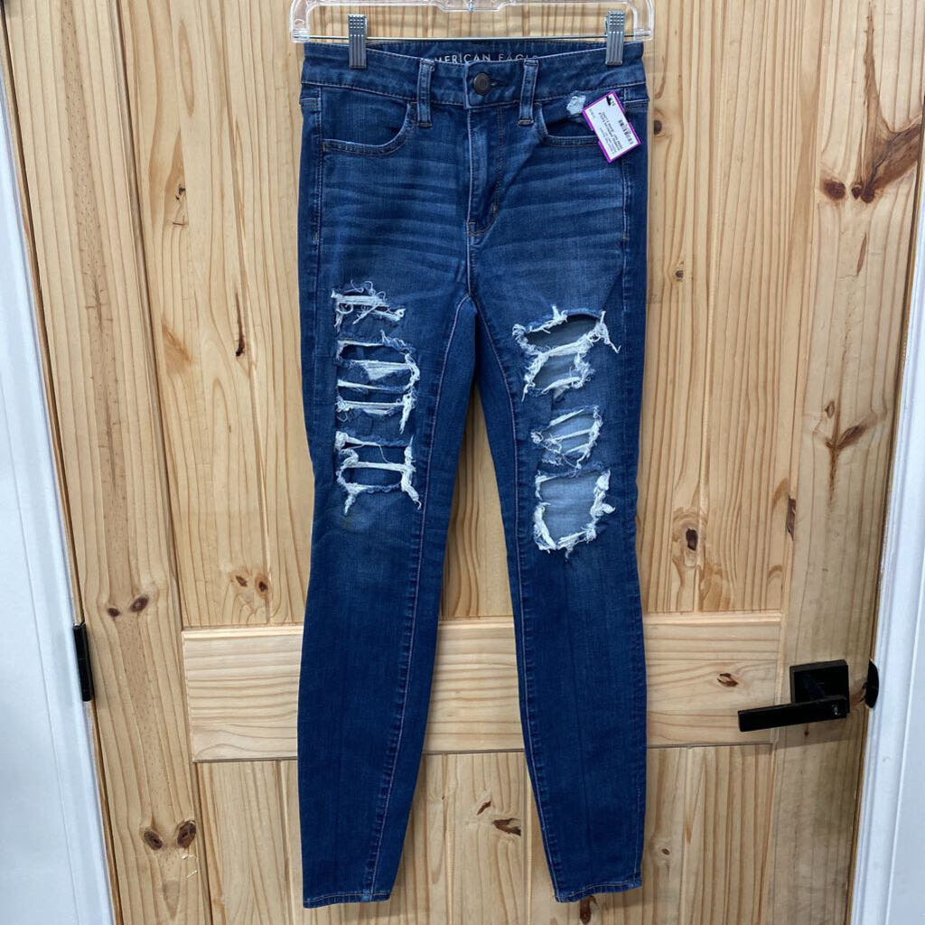 WOMENS AMERICAN EAGLE DENIM DIST. JEANS 2 LONG