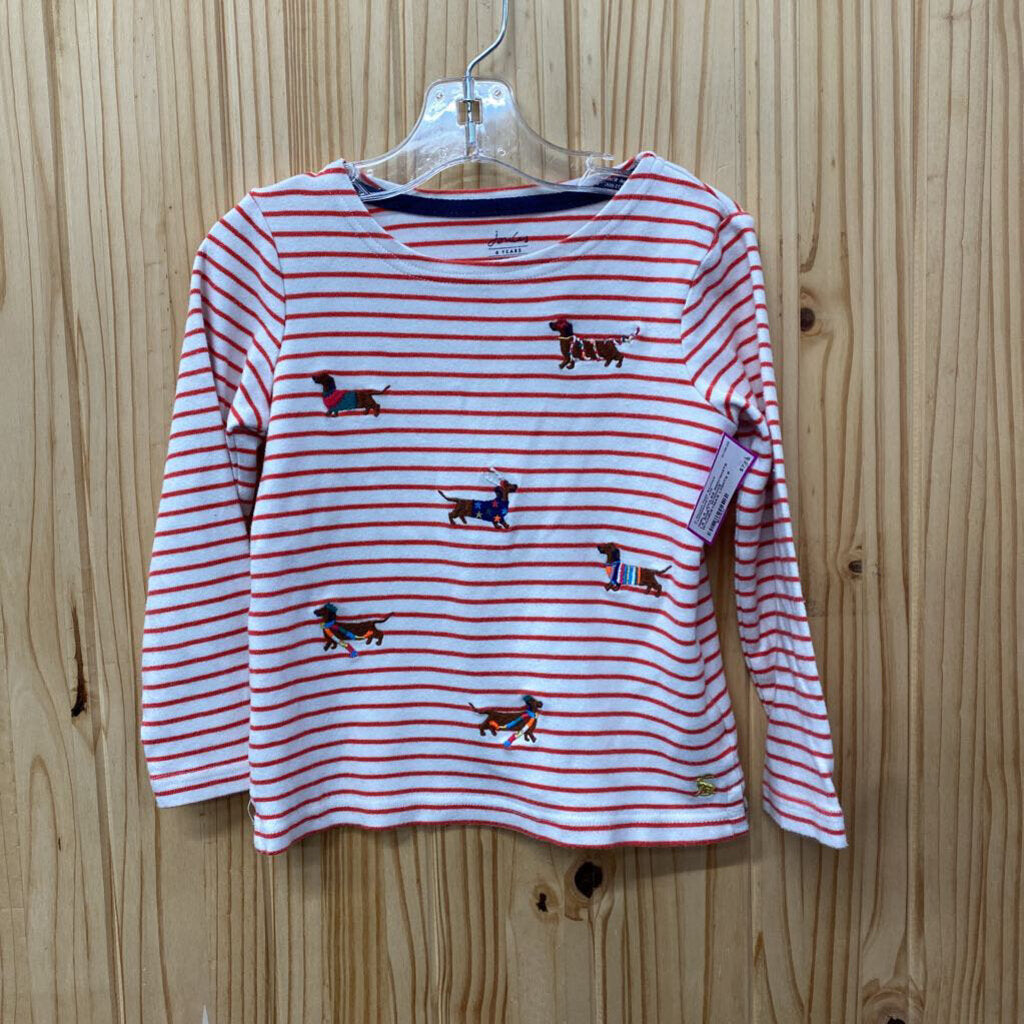 GIRLS JOULES RED/WHITE LS SHIRT W/DOGS W/CHRISTMAS LIGHTS 6