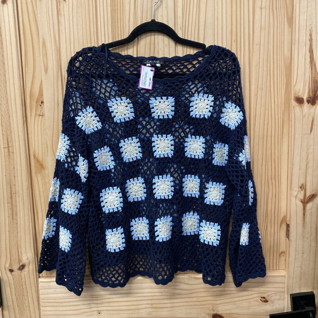 WOMENS CHARLIE NAVY BLUE EYELET SWEATER L