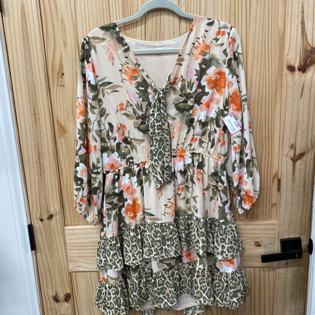 WOMENS CATO LT PEACH FLORAL/LEOPARD DRESS L