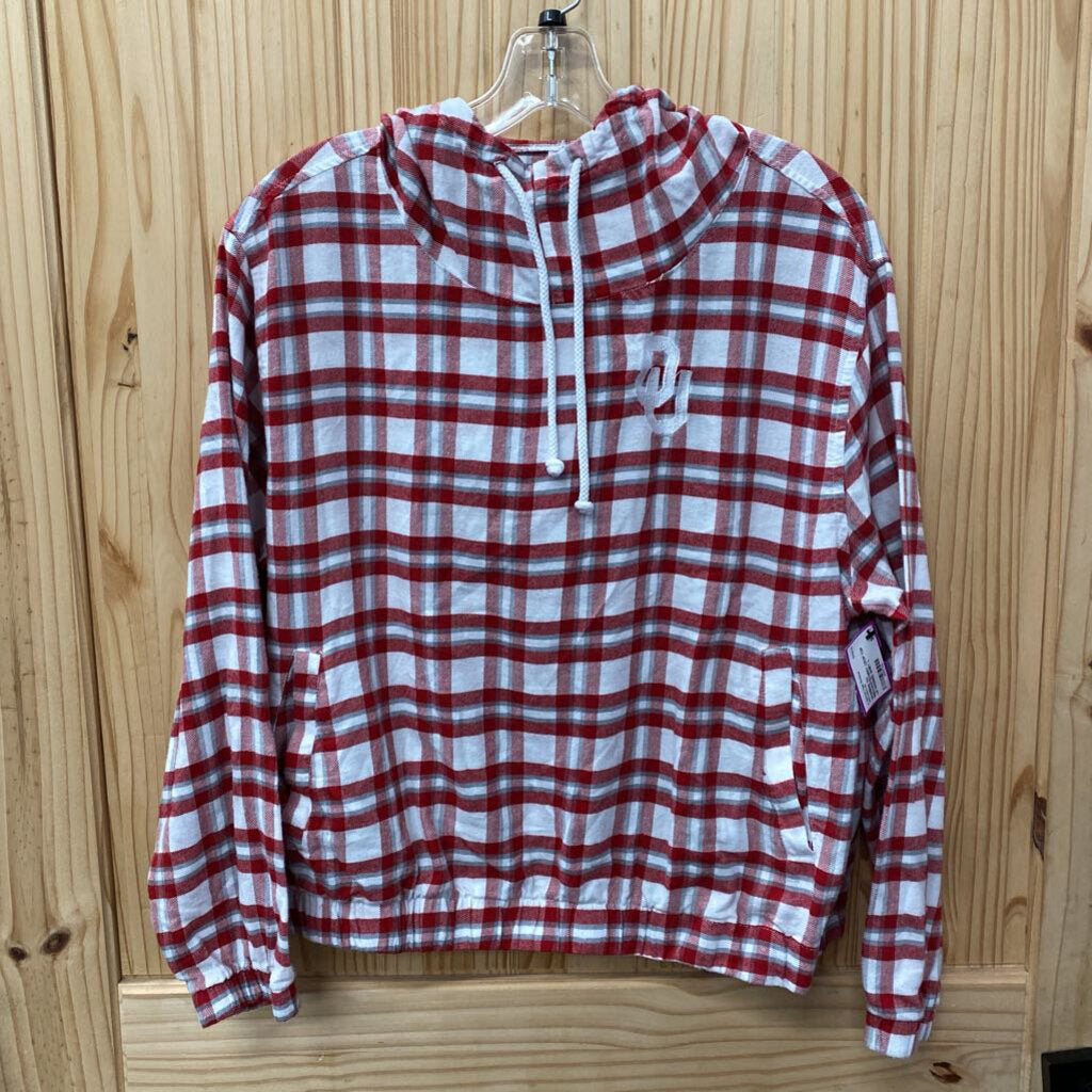 WOMENS OU RED/WHITE/GREY CROP TOP LS HOODED SHIRT L