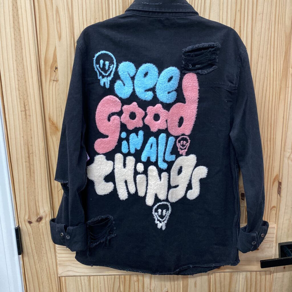 WOMENS TRIO BLK DENIM JACKET SEE GOOD IN ALL THINGS L