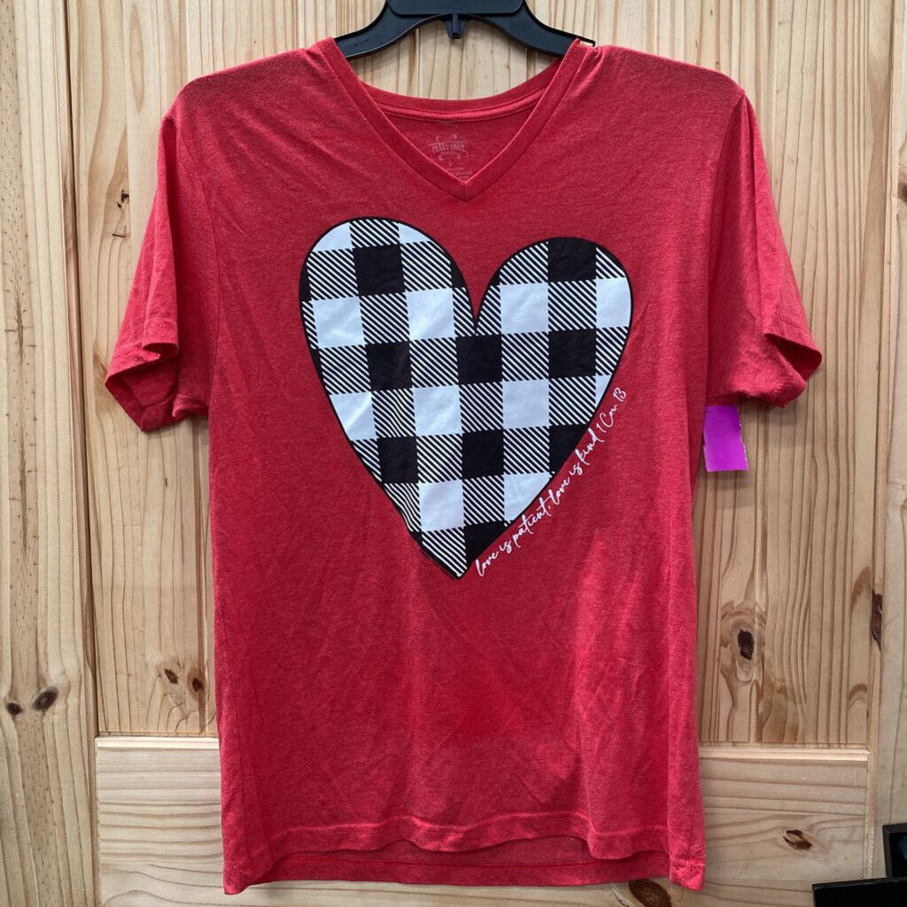 WOMENS RED T-SHIRT W/BLK/WHITE PLAID HEART L