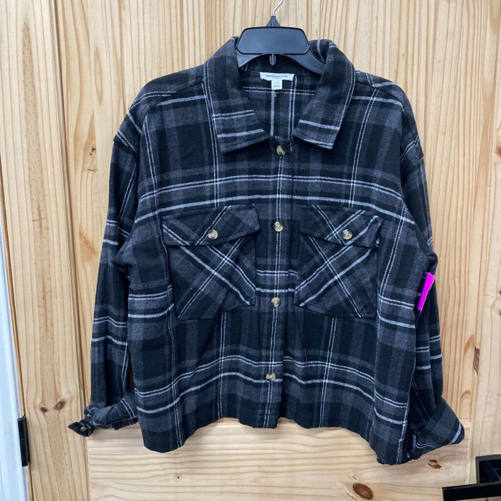 WOMENS BEACH LUNCH LOUNGE PLAID FLANNEL SHIRT BLK/WHITE L