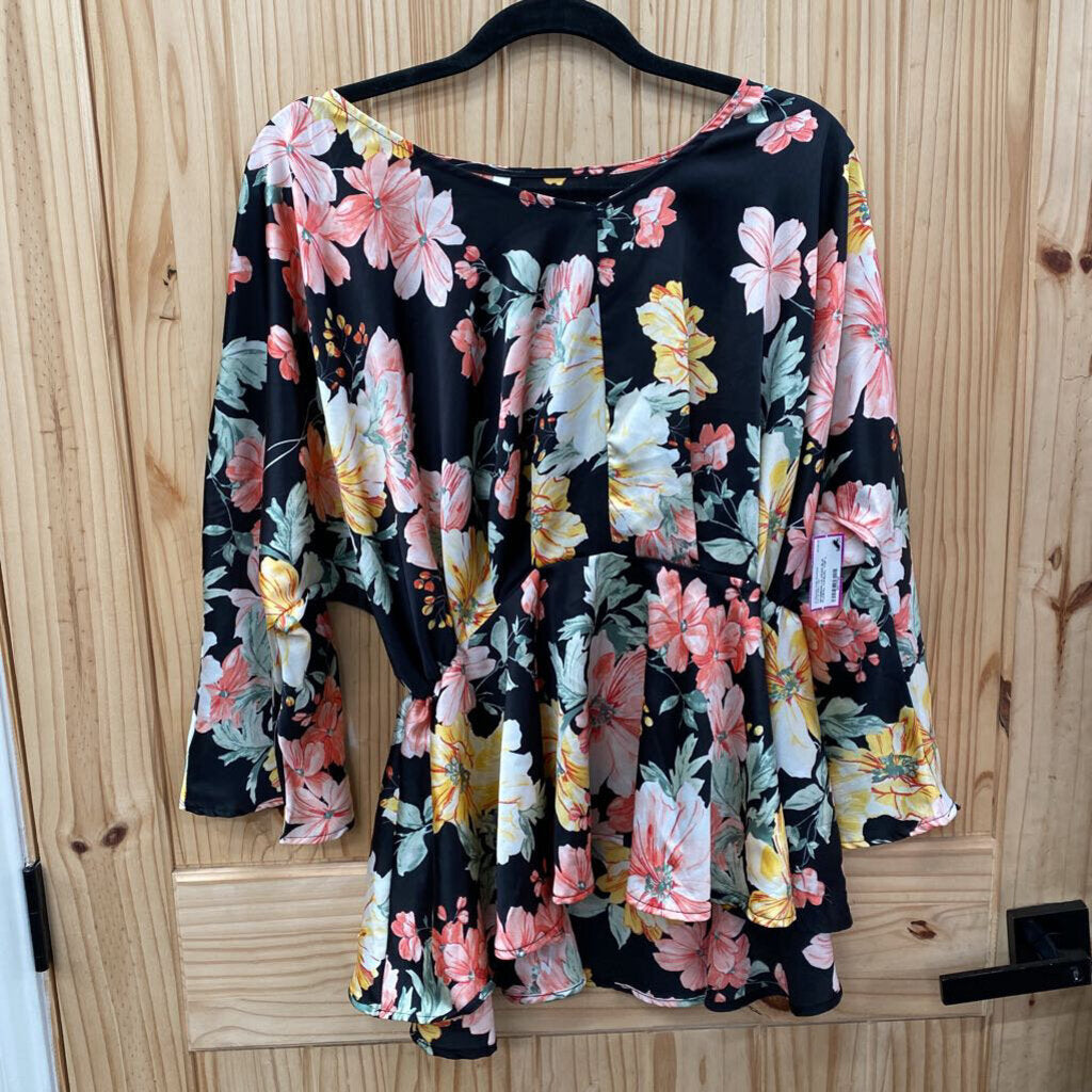 WOMENS LILYPAD BLK FLORAL CASUAL TOP L