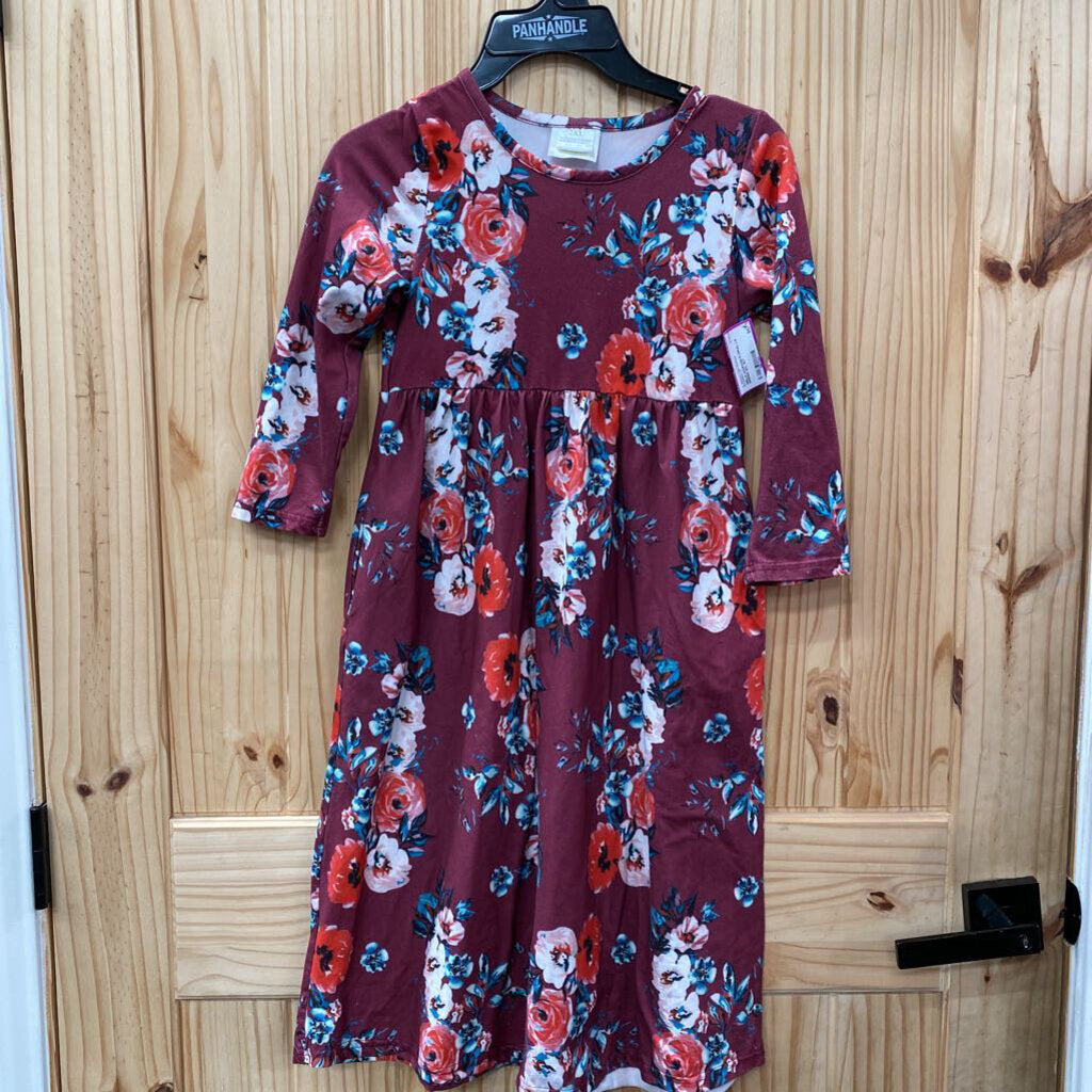 GIRLS MAROON FLORAL LS DRESS 2XL 6/7