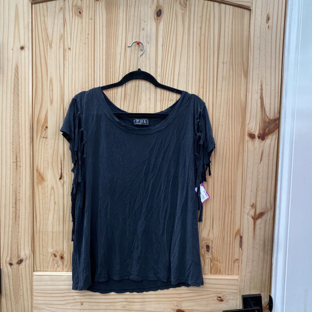 WOMENS POL BLK TOP W/FRINGE L