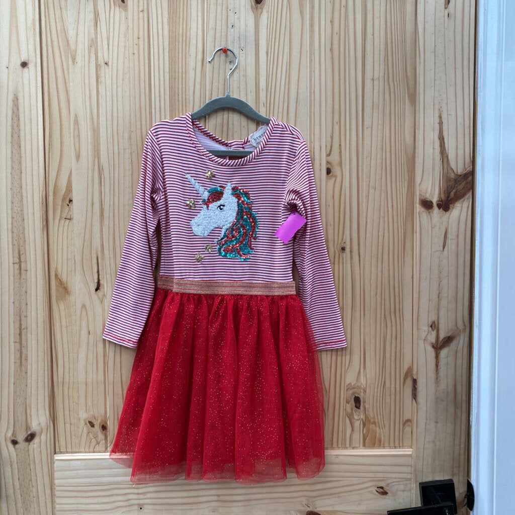 GIRLS BTWEEN LS DRESS RED/WHITE STRIPE W/UNICORN 6