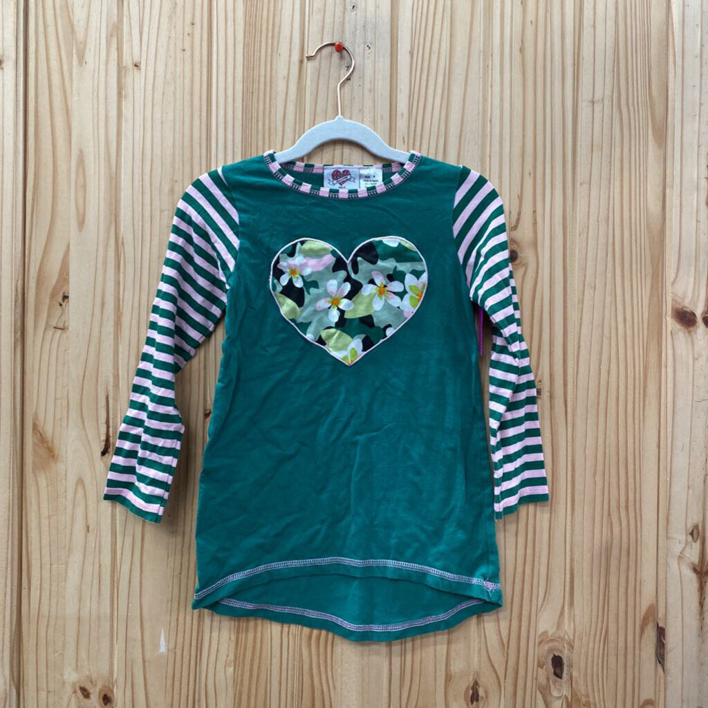 GIRLS ANN LOREN GREEN/PINK STRIPE LS DRESS W/CAMO HEART 6