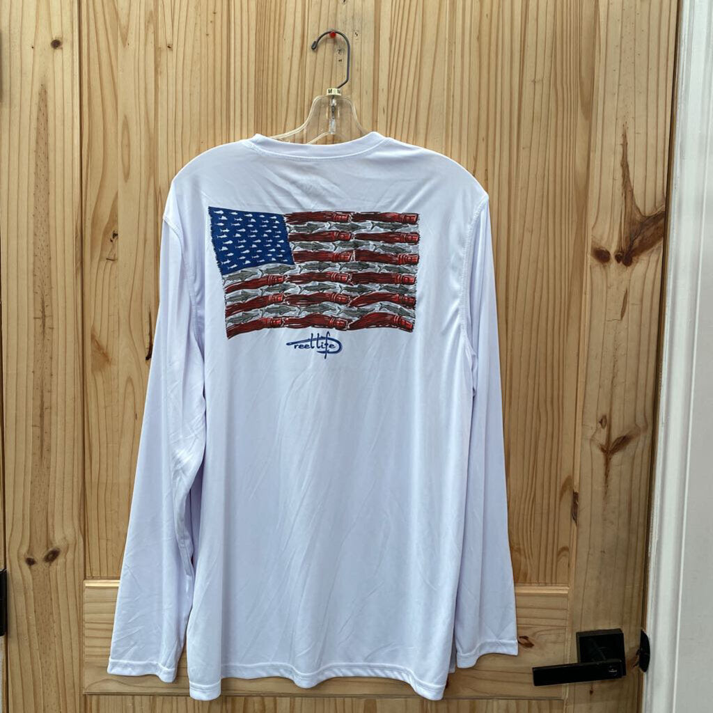 MENS REEL LIFE LS WHITE SHIRT W/FLAG L
