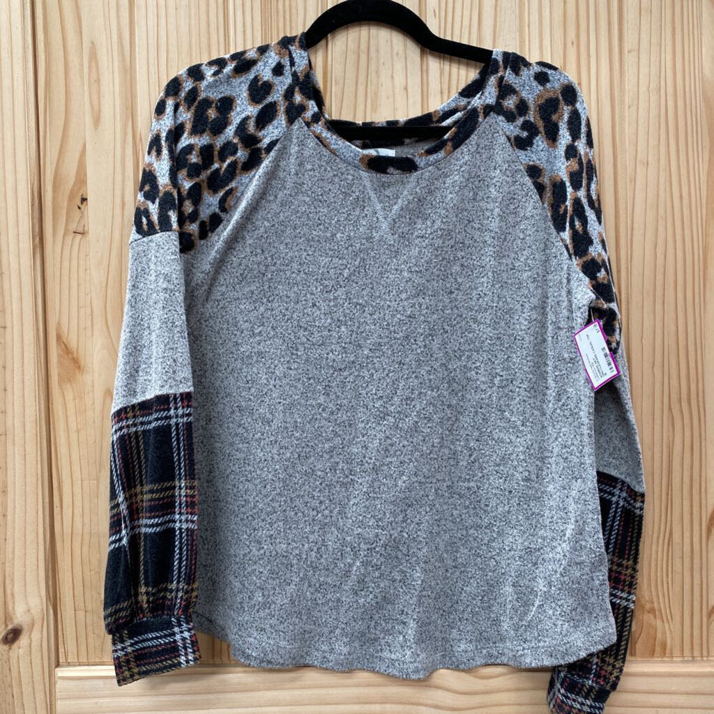 WOMENS 24/7 GREY/LEOPARD CASUAL TOP M