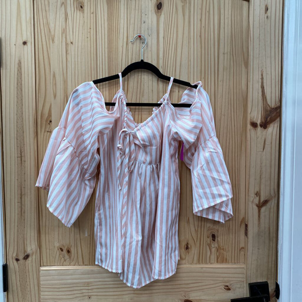 WOMENS ANDTHEWHY CASUAL TOP PINK/WHITE STRIPE M