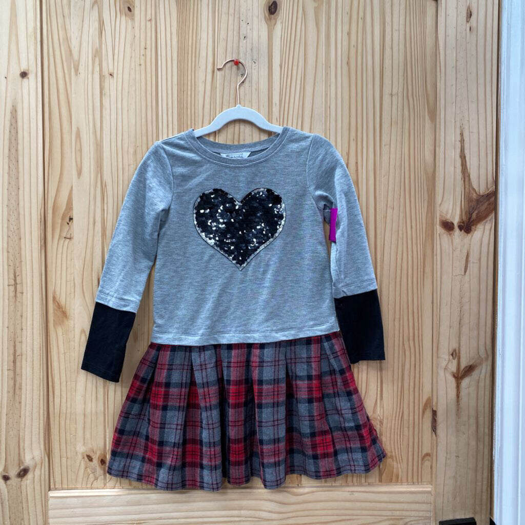 GIRLS PIPPA & JULIE SWEATER DRESS GREY/RED/BLK PLAID W/SEQUIN HEART 6X