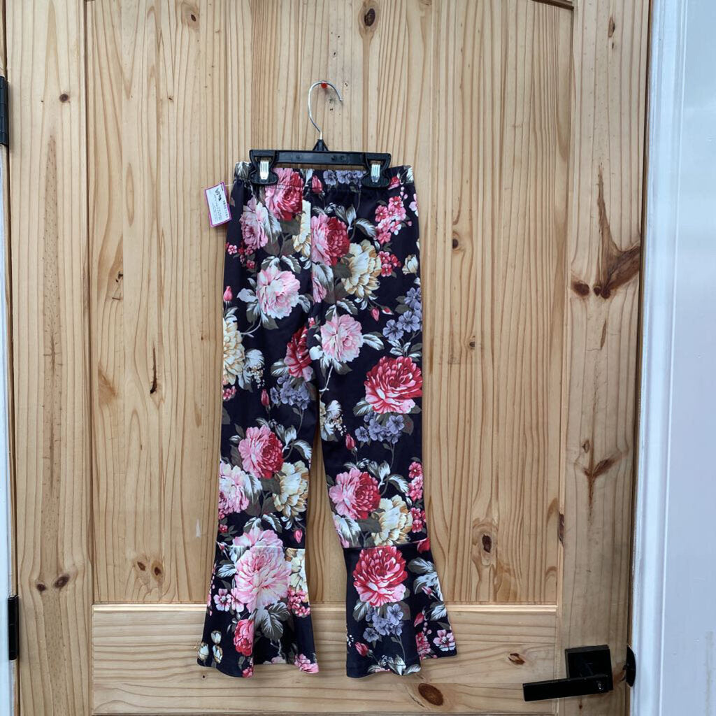 GIRLS BLK FLORAL FLARE PANTS 120 5