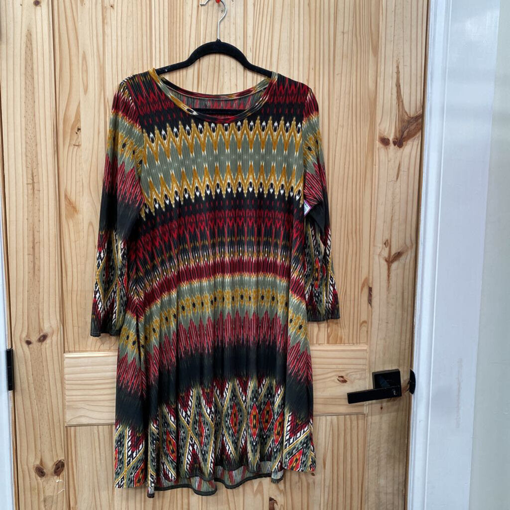 WOMENS CASUAL LS DRESS OLIVE GREEN/RED/GOLDEN YELLOW M