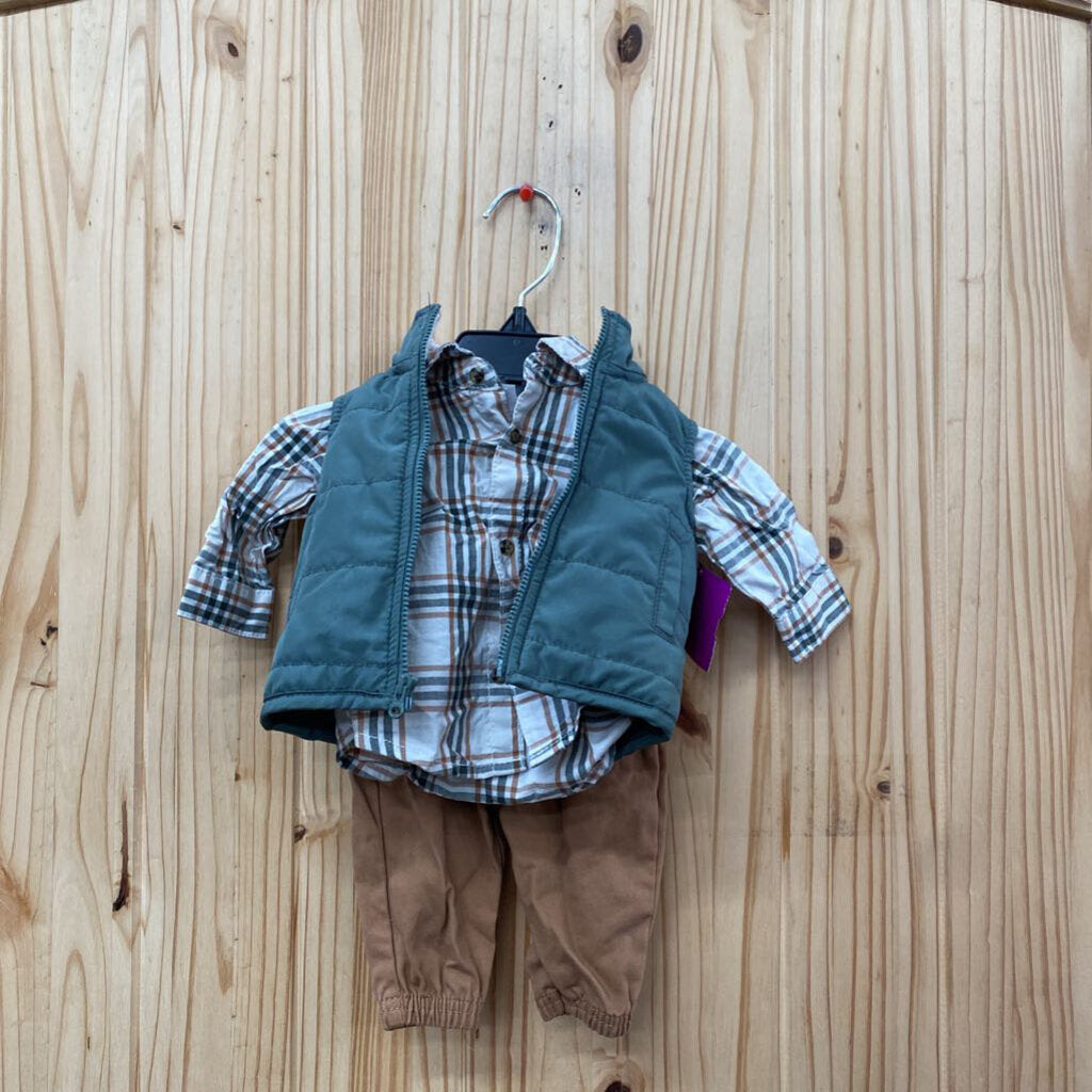 BOYS CARTERS 3PC SET OLIVE GREEN/BROWN/IVORY PLAID NEWBORN