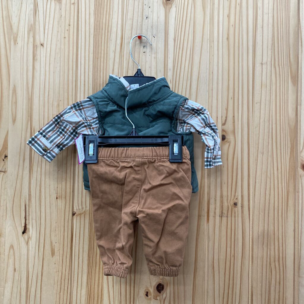 BOYS CARTERS 3PC SET OLIVE GREEN/BROWN/IVORY PLAID NEWBORN