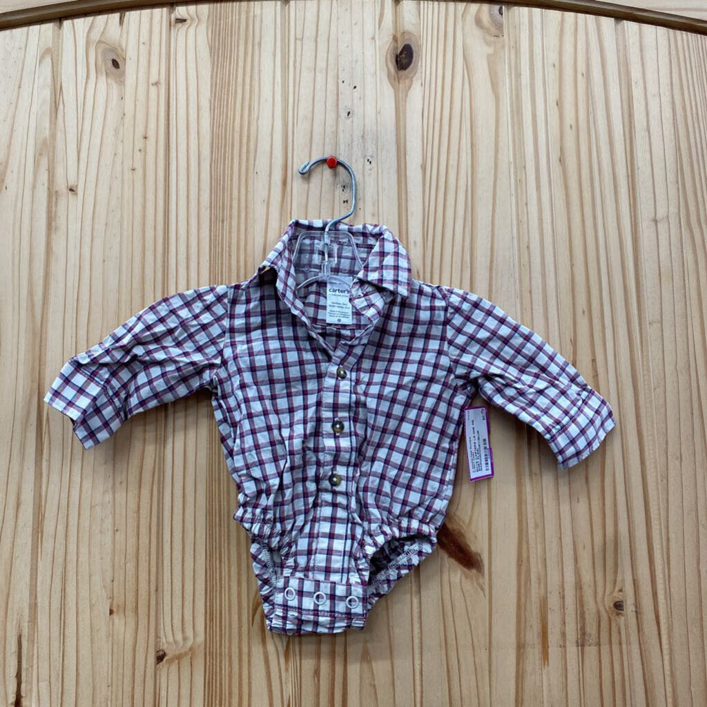 BOYS CARTERS LS ONE SIE SHIRT PLAID MAROON/IVORY/BLUE NEWBORN