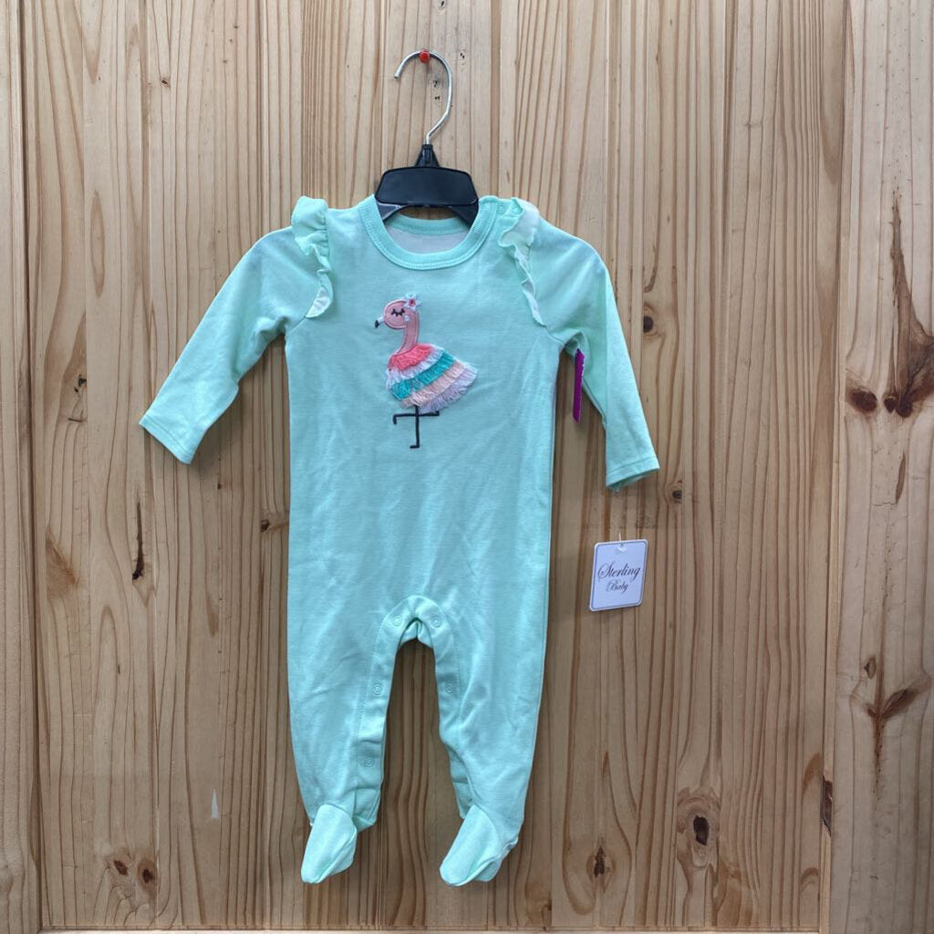 GIRLS STERLING BABY LS LT GREEN SLEEPER W/FLAMINGO 9M NWT