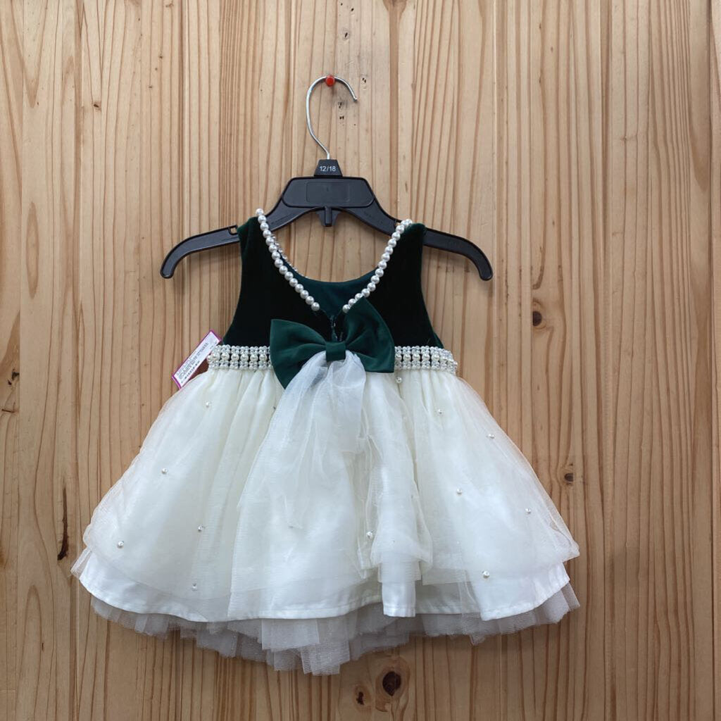 GIRLS AMERICAN PRINCESS DK GREEN/WHITE SL DRESS W/PEARLS 9M