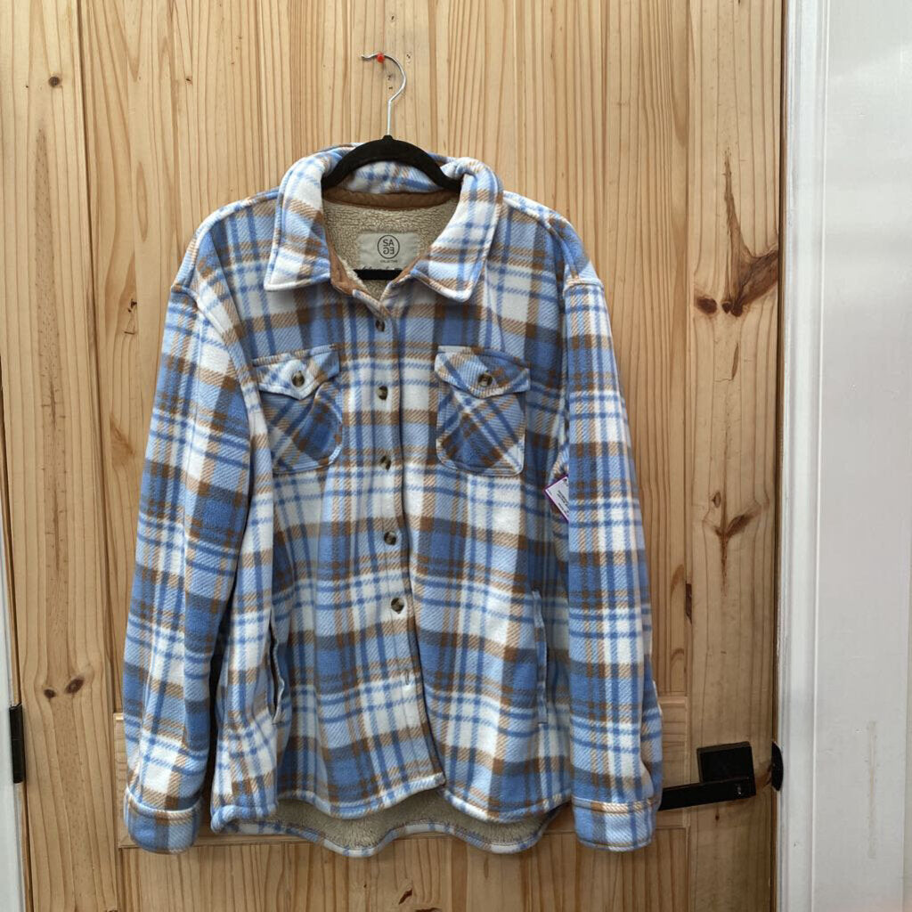 WOMENS SAGE SHACKET PLAID TEAL/WHITE/BROWN XXL