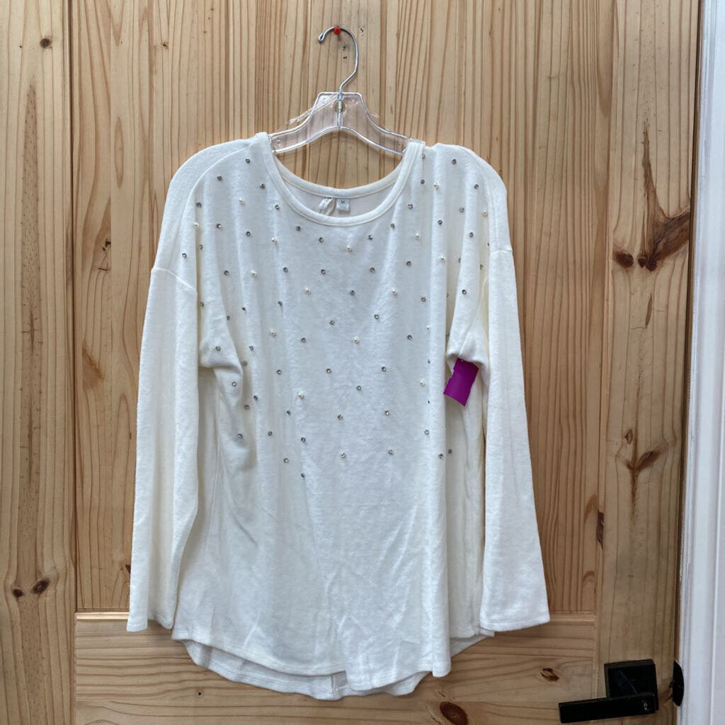 WOMENS CATO CASUAL TOP IVORY W/PEARLS M NWT