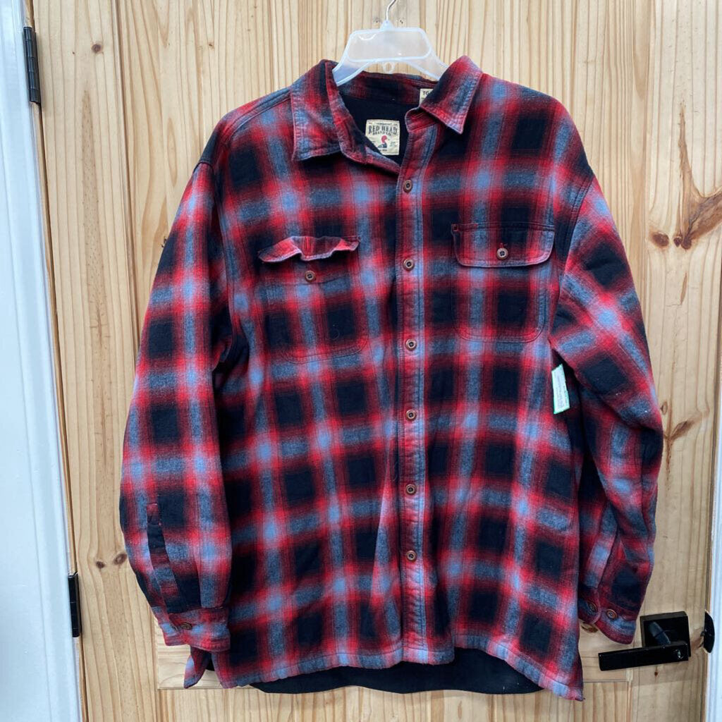 MENS REDHEAD LS FLANNEL PLAID SHIRT RED/BLK/GREY XL