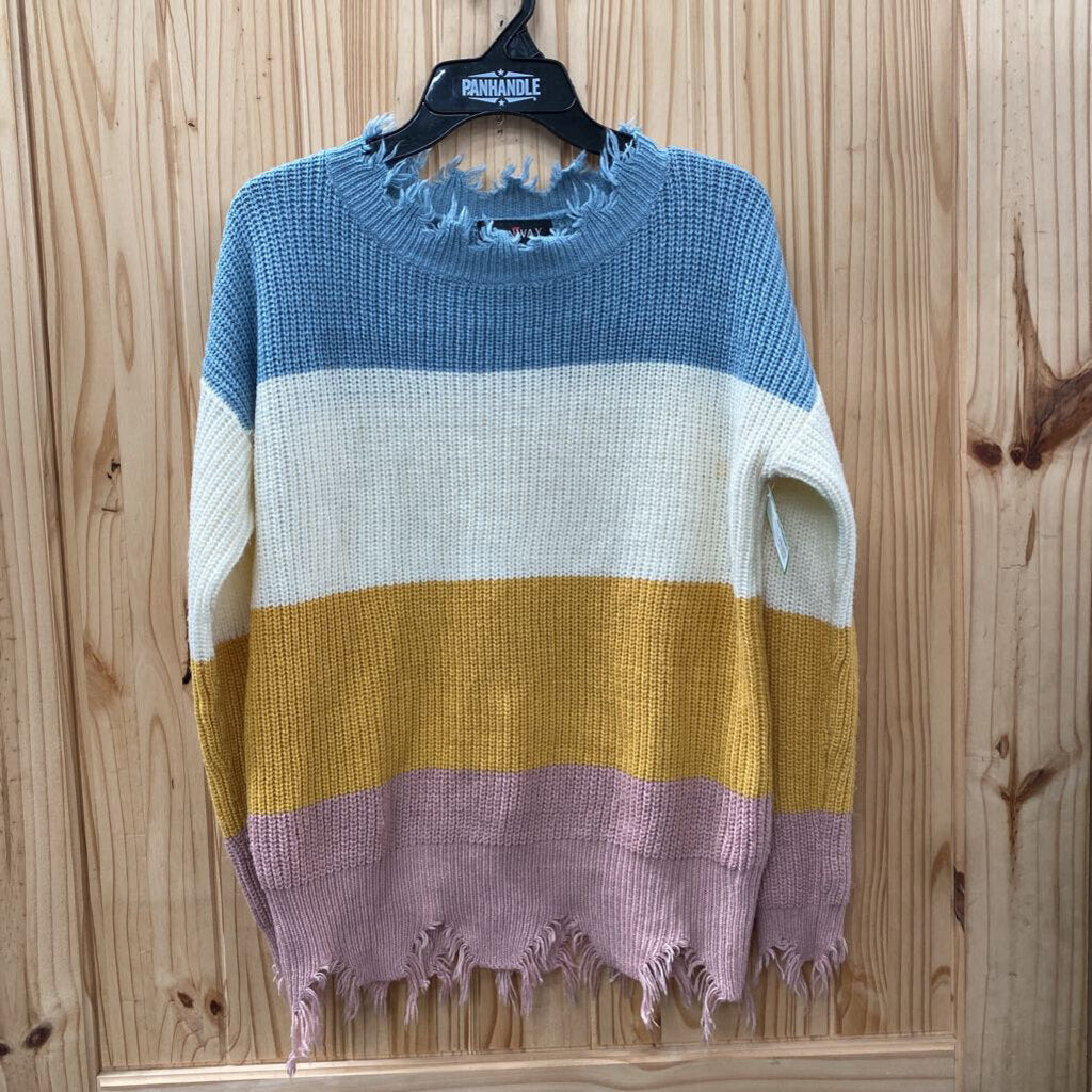 WOMENS RUNWAY SWEATER TEAL/MUSTARD/PINK M