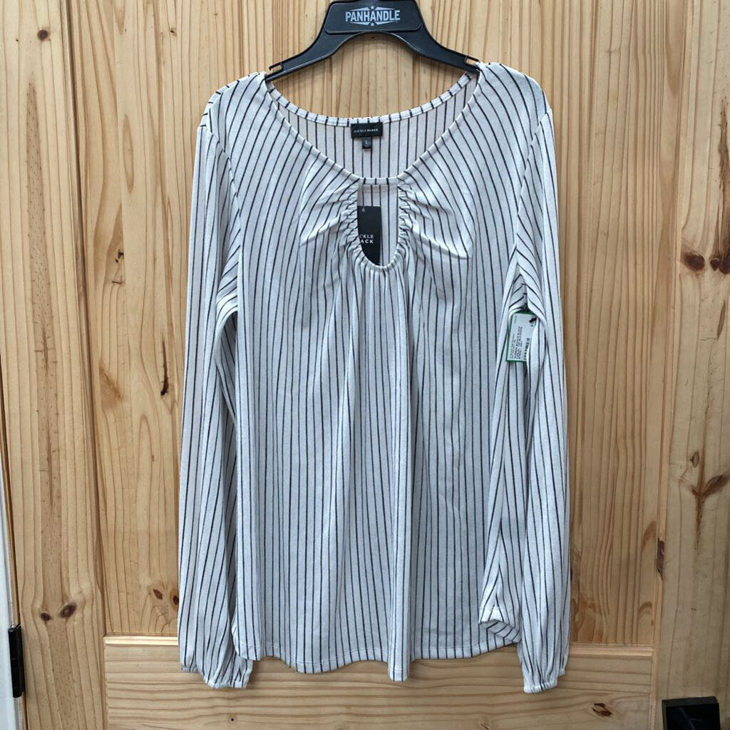 WOMENS BUCKLE BLACK CASUAL TOP BLK/WHITE STRIPE L NWT