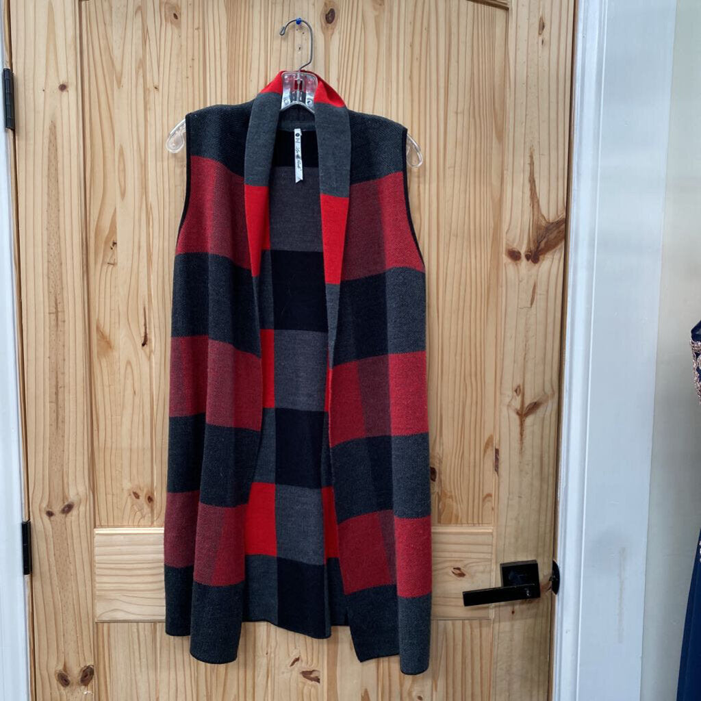 WOMENS LEO & NICOLE SL CARDIGAN RED/BLK/GREY PLAID S