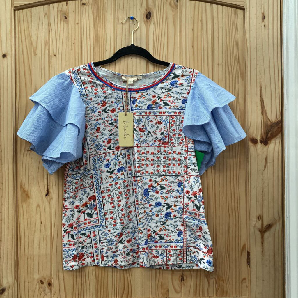 WOMENS LETIMEKE CASUAL TOP FLORAL/LINEN/WHITE S NWT