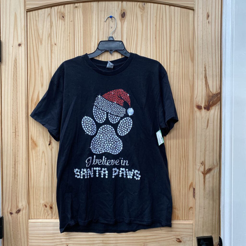 I BELIEVE IN SANTA PAWS BLK T-SHIRT L