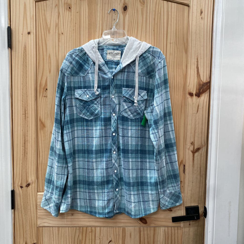 MENS BKE VINTAGE PLAID HOODED SHIRT XL