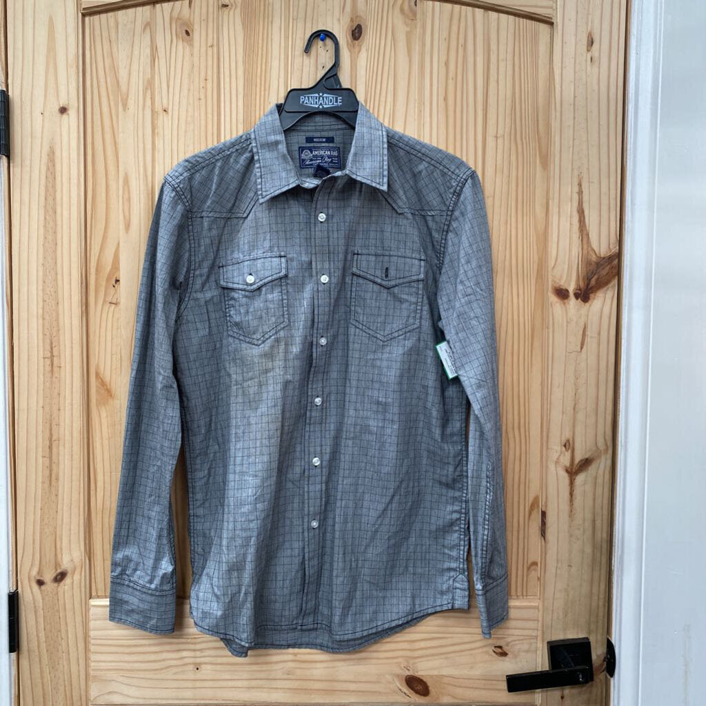 MENS AMERICAN RAG GREY LS BUTTON UP SHIRT M
