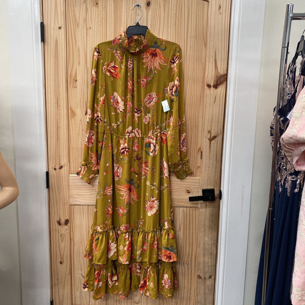 WOMENS GIBSON + LATIMER MUSTARD LS FLORAL DRESS L