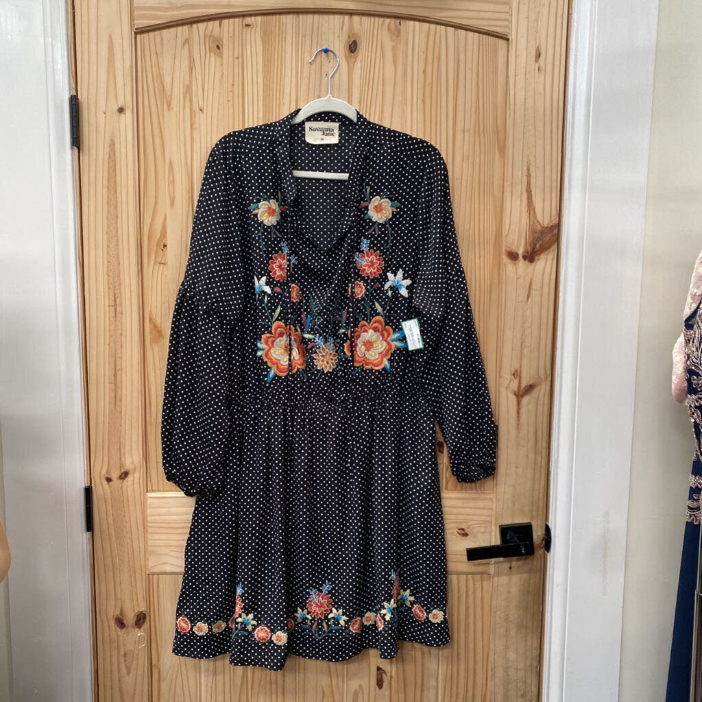 WOMENS SAVANNA JANE BLK FLORAL DRESS W/WHITE DOTS 3X