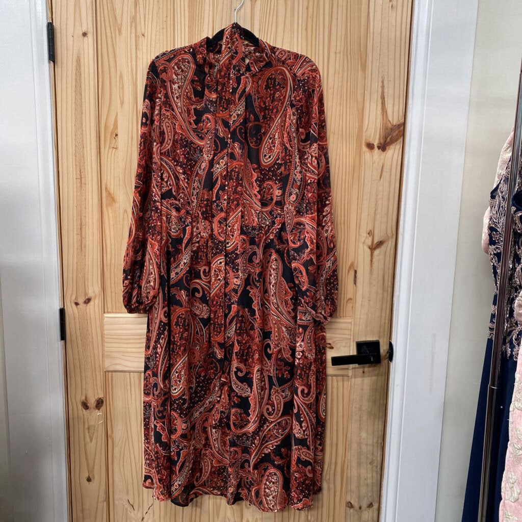 WOMENS WINE/BLK LS SHEER PAISLEY DRESS 2XL