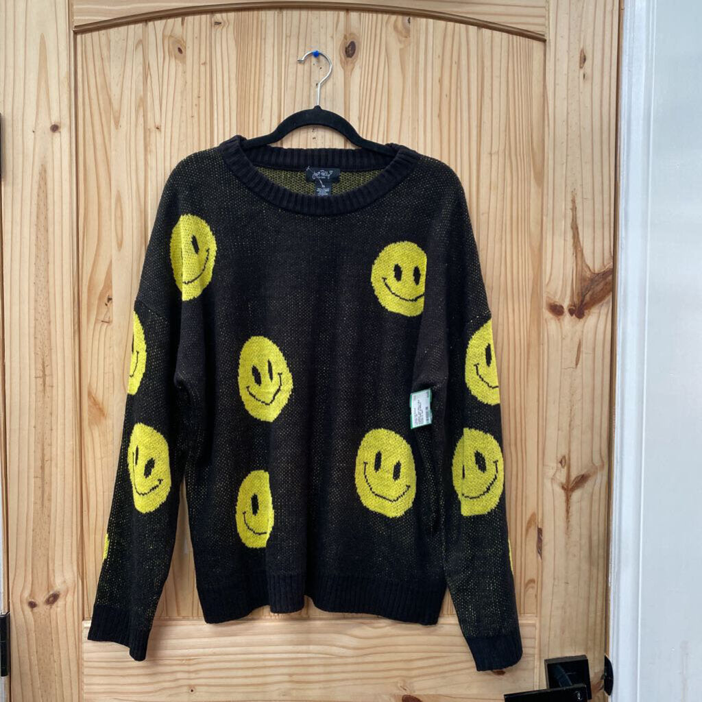 WOMENS JUST POLLY BLK SWEATSHIRT W/SMILEY FACES XL NWT