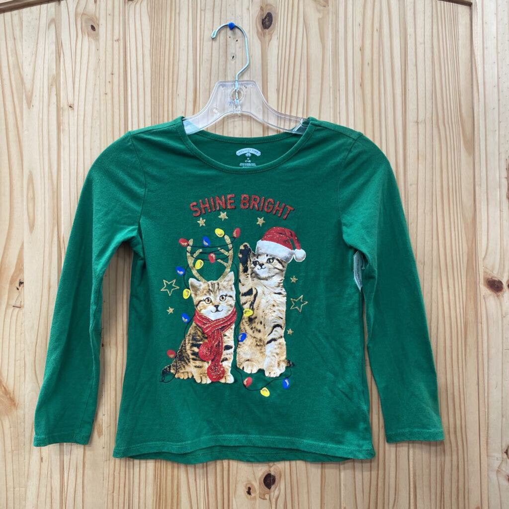 GIRLS SHINE BRIGHT LS GREEN SHIRT W/KITTENS M 7/8