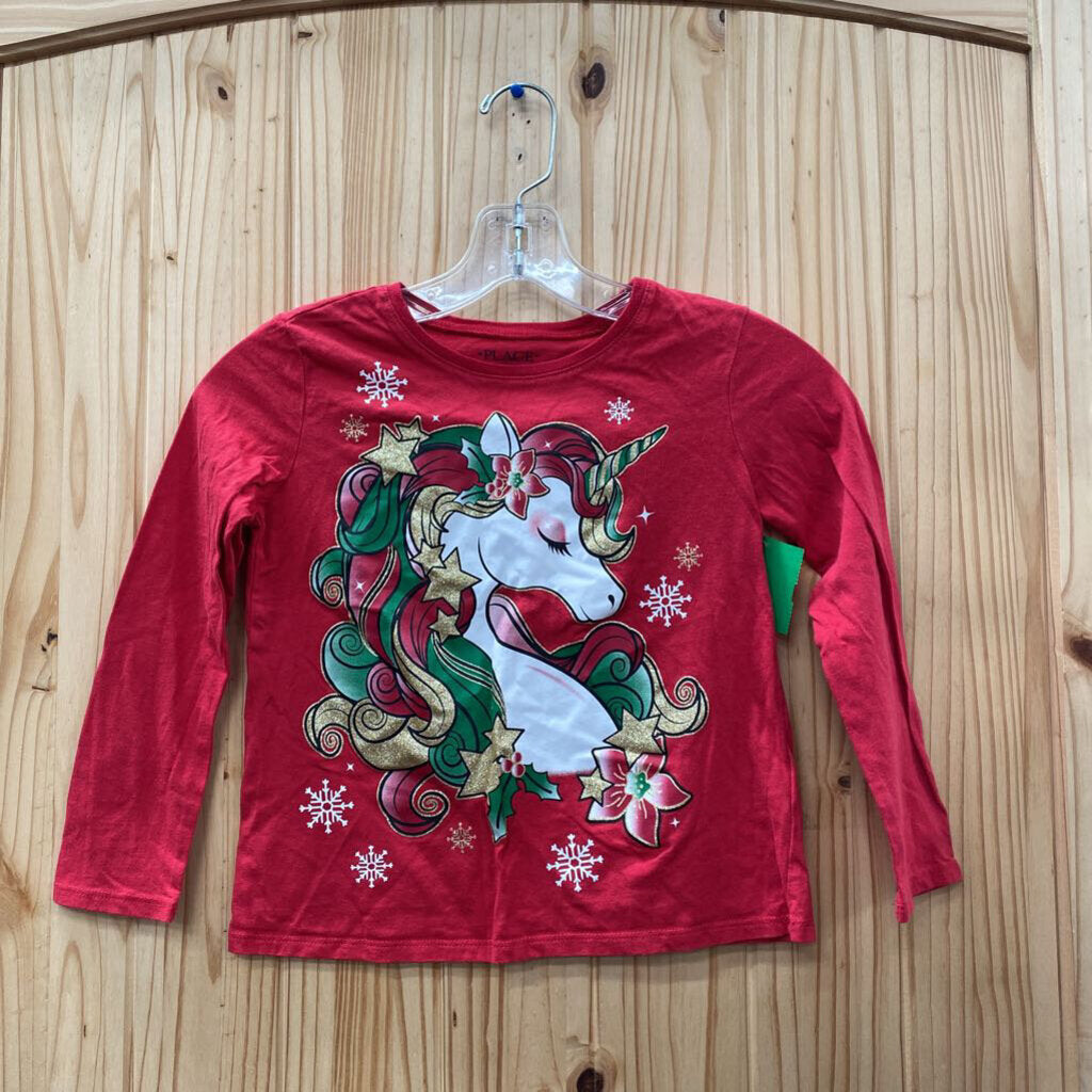 GIRLS LS RED SHIRT W/UNICORN M 7/8
