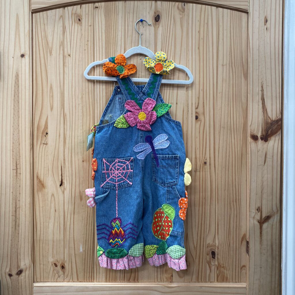 GIRLS OLD NAVY BLUE JEANS DENIM OVERALLS W/FLOWERS/ BEE/GRASSHOPPER XL 18/24M