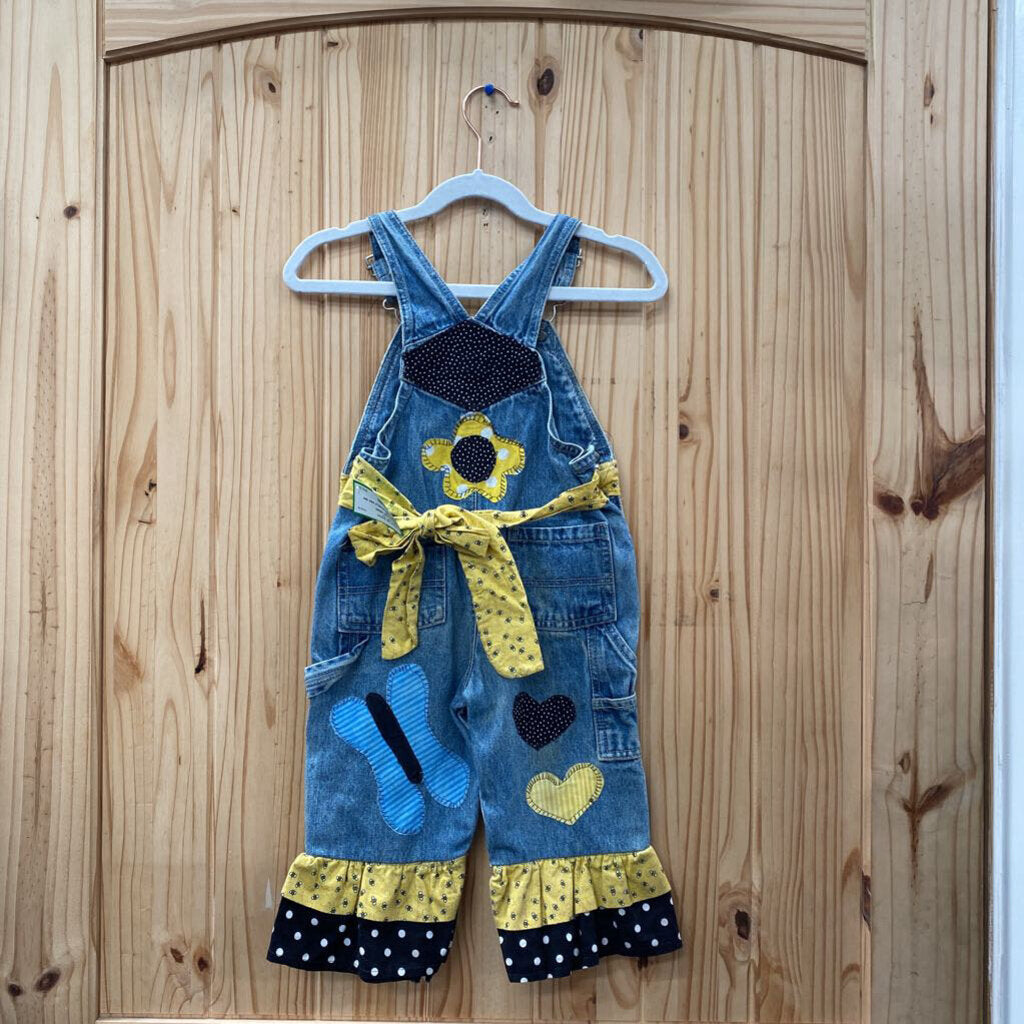 GIRLS PLACE DENIM OVERALLS W/FLOWER/BUMBLE BEE 18M