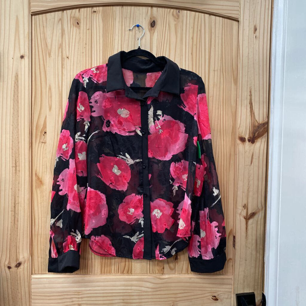 WOMENS SHEIN BLK/PINK FLORAL TOP L