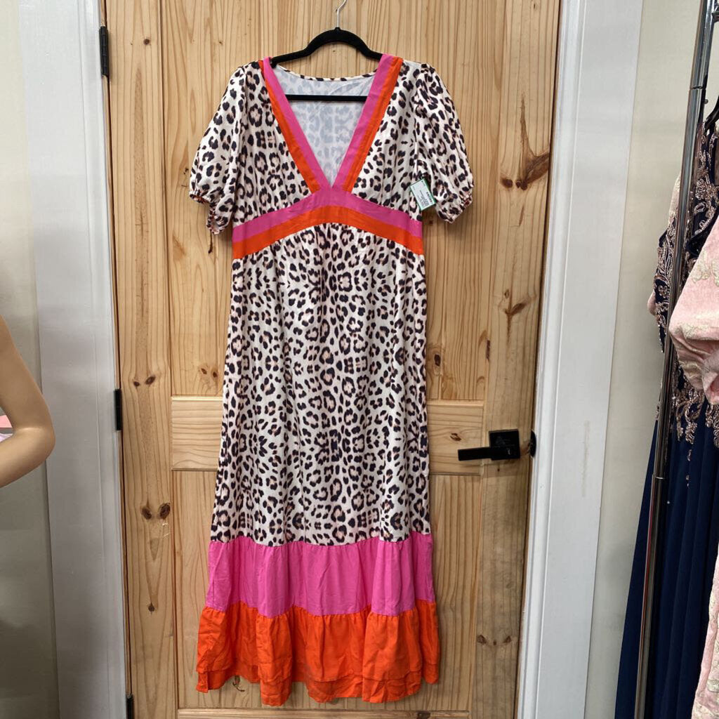 WOMENS SHEIN PINK.ORANGE/LEOPARD DRESS M