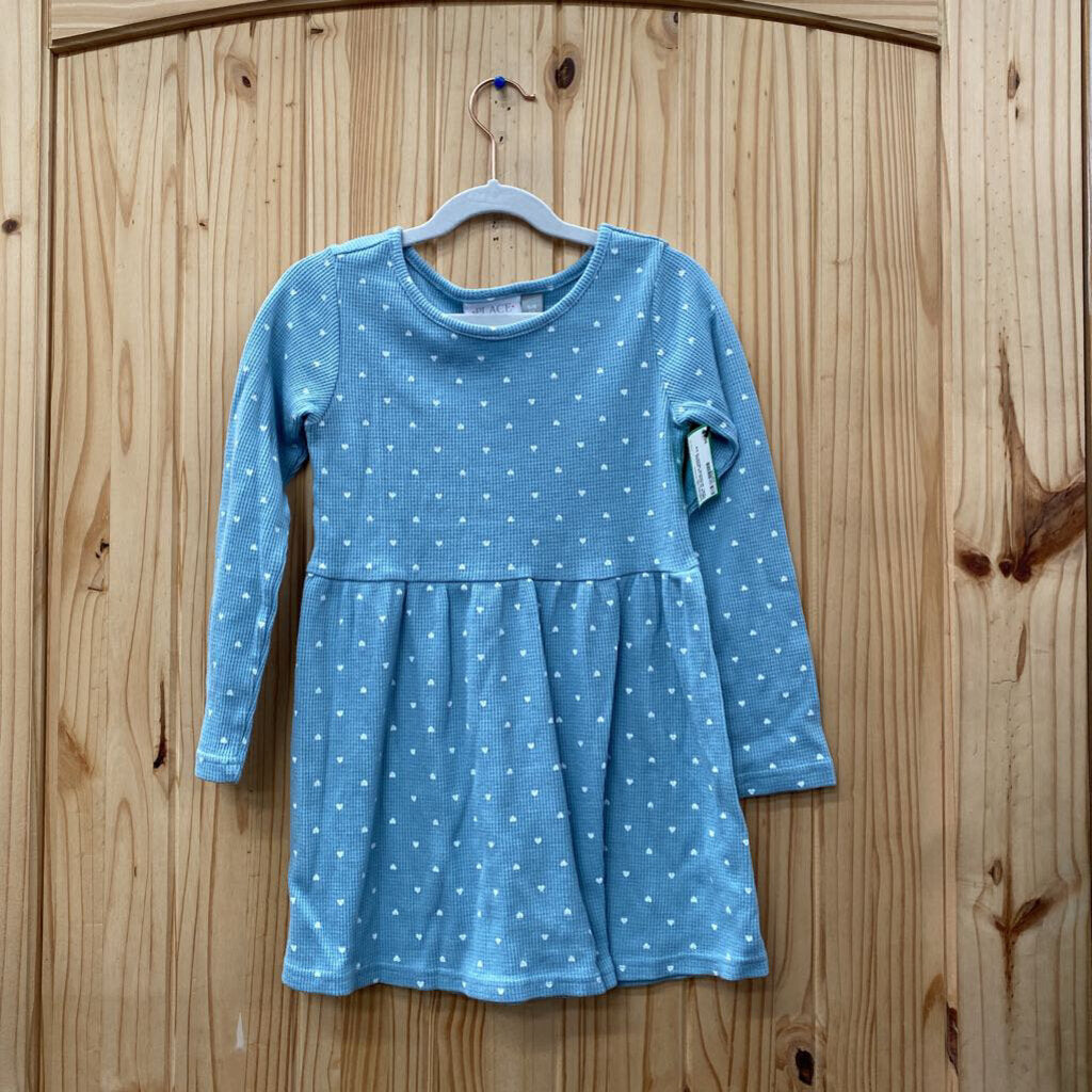 GIRLS PLACE LS DRESS TEAL W/WHITE HEARTS 5/6