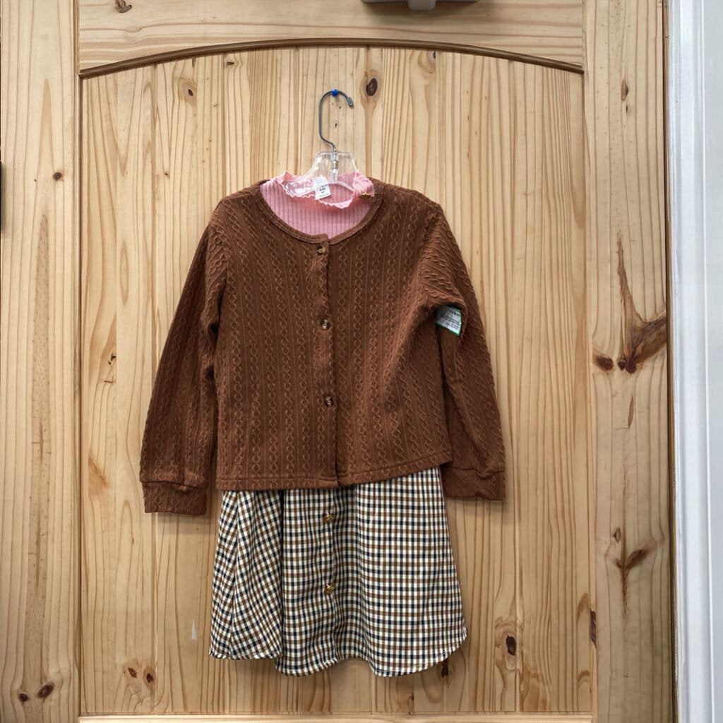GIRLS SHEIN 3PC SET DRESS W/PINK/SHIRT BROWN VEST 6