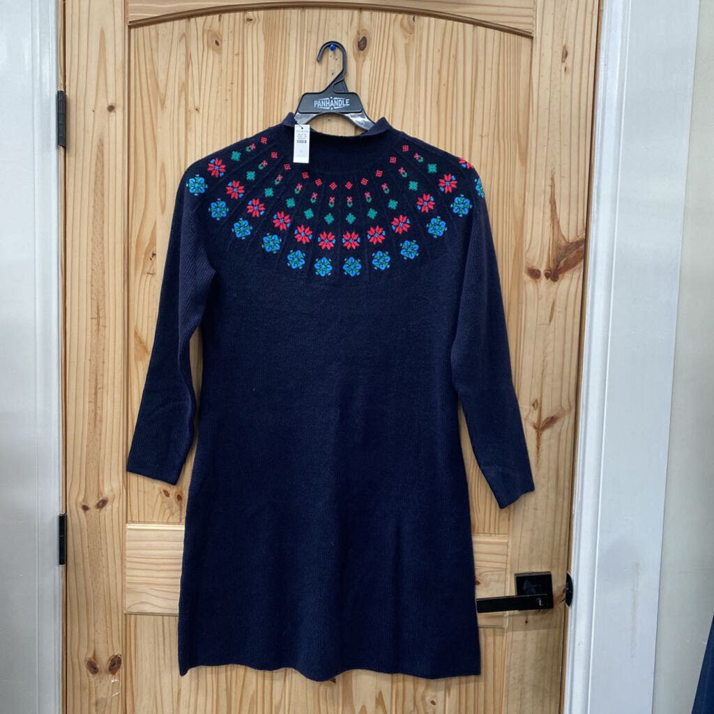 WOMENS TALBOTS SWEATER DRESS NAVY BLUE W/PINK/SKY BLUE FLOWER DESIGN L NWT