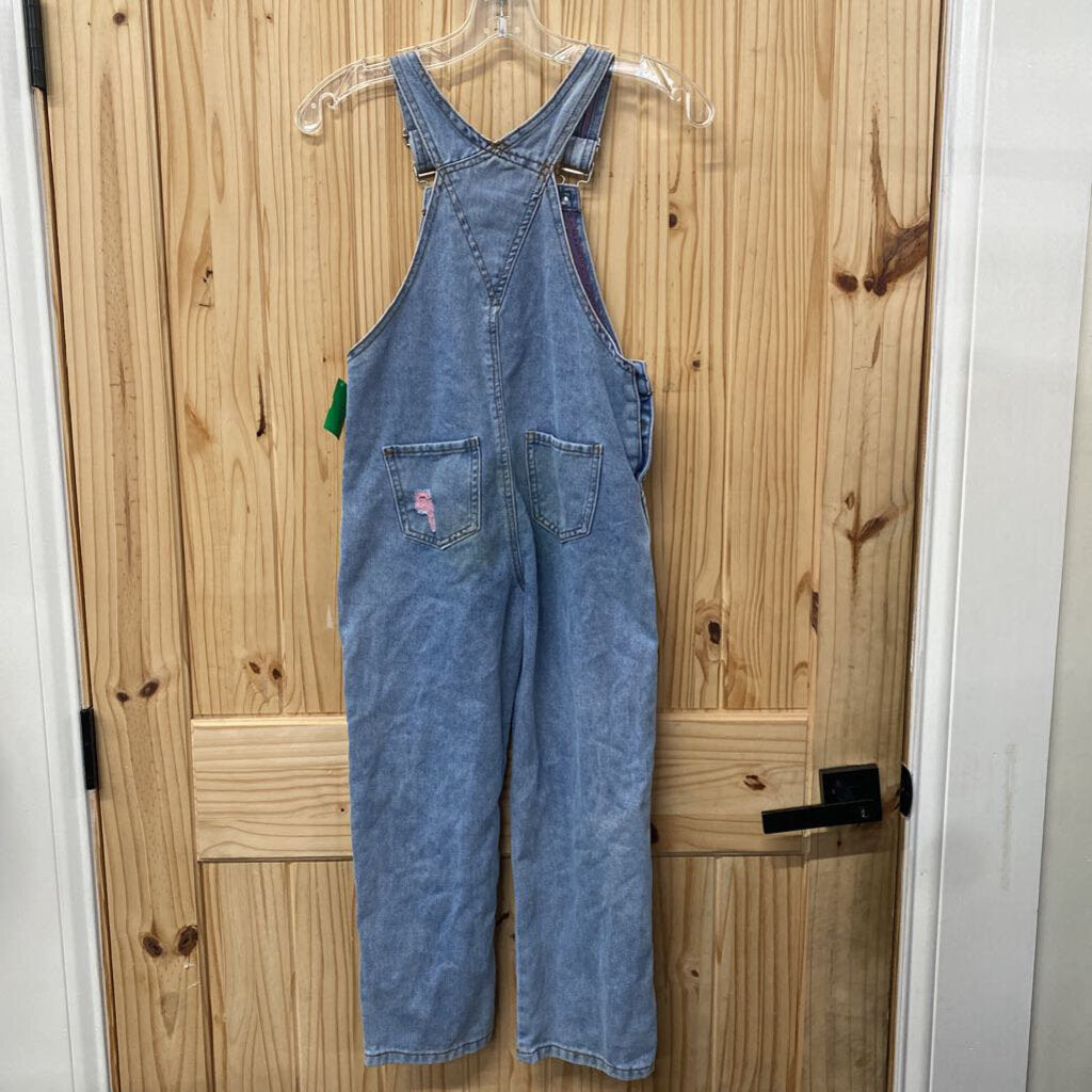 GIRLS SHEIN LT DENIM/PINK DIST OVERALLS 9
