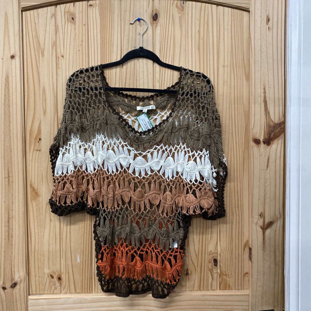 WOMENS UMGEE + CASUAL CROCHET TOP BROWN/WHITE/MAUVE 1XL