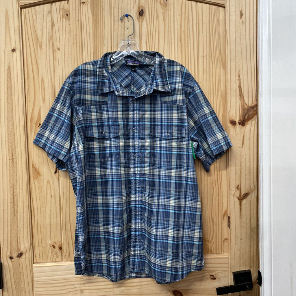 MENS PATAGONIA SNAP UP PLAID SHIRT BLUE/TAN/SKY BLUE L